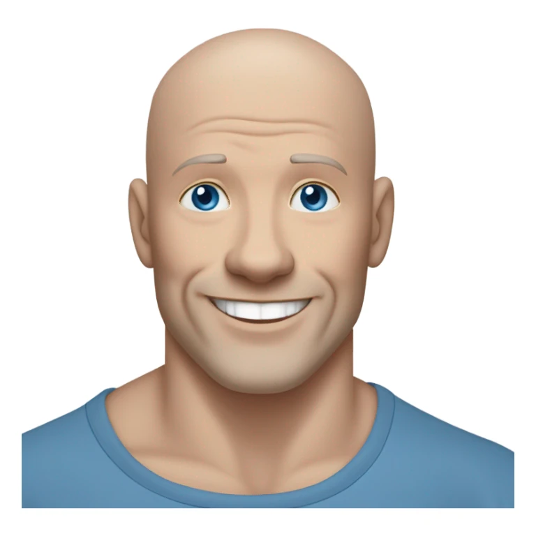 bald white mature man no beard blue eyes and blue tshirt Hugging large gray smiling pit bull sticker