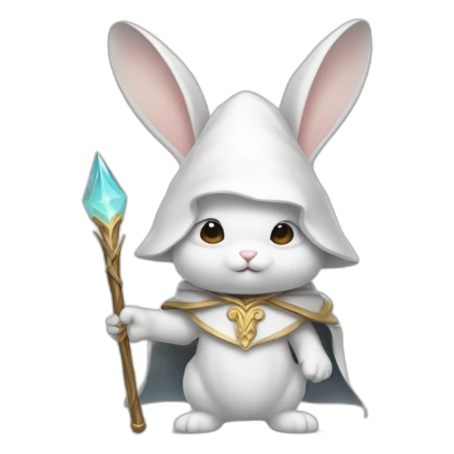 White wizard bunny with big ears, white cloak, staff and hat sticker