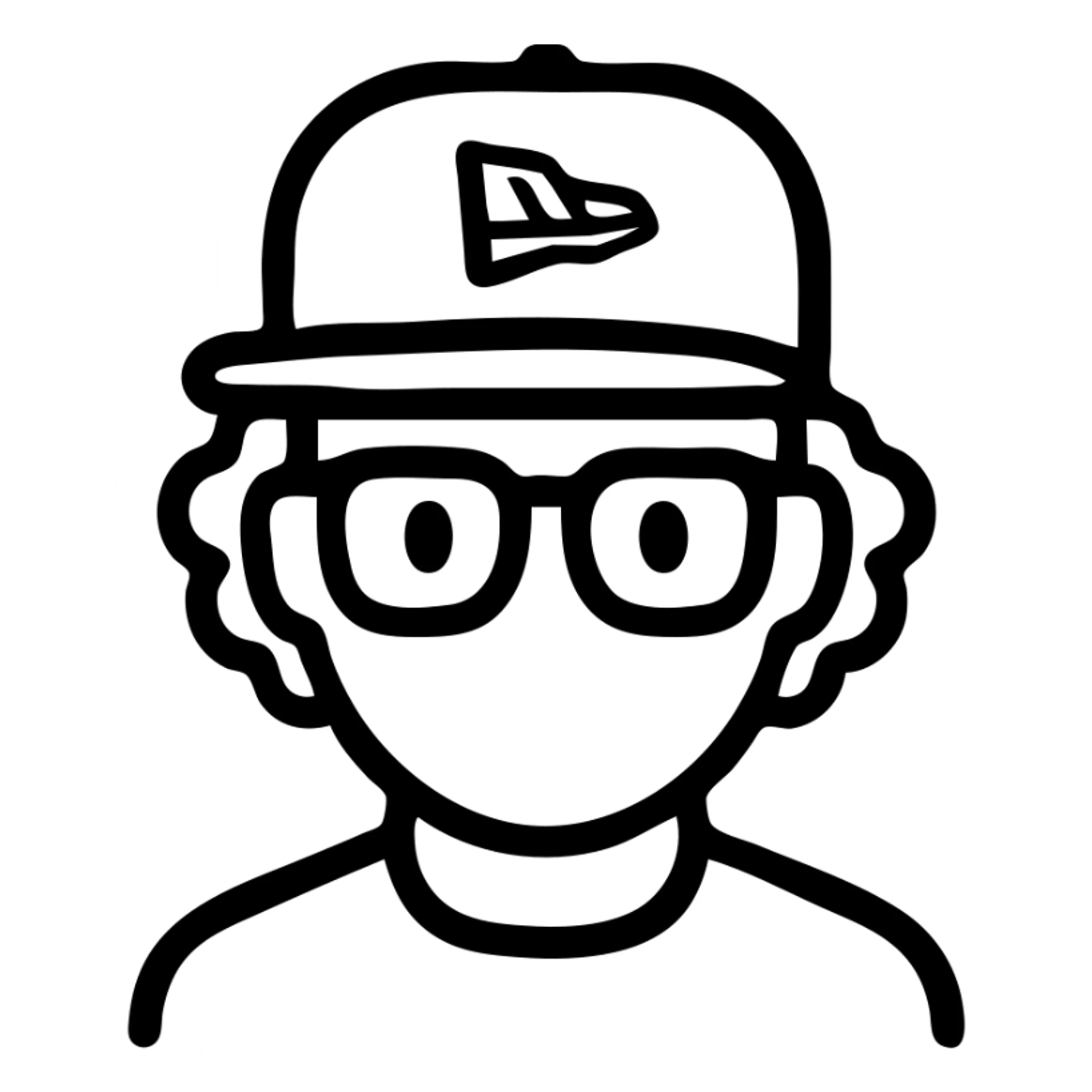 man with a New Era cap, curly hair, and glasses, outlined icon style sticker