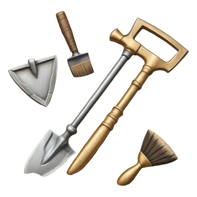 An icon showing archaeological tools—trowel, brush, and pickaxe—laid out on the sand, with the ancient Karnak temple ruins in the background. The design symbolizes exploration and discovery of ancient Egyptian history. Transparent background sticker