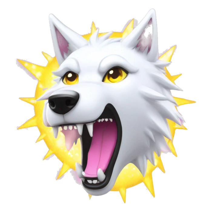 Lightning running sparkling glitter white wolf snarling huge eyes sun halo black white pink red yellow sticker