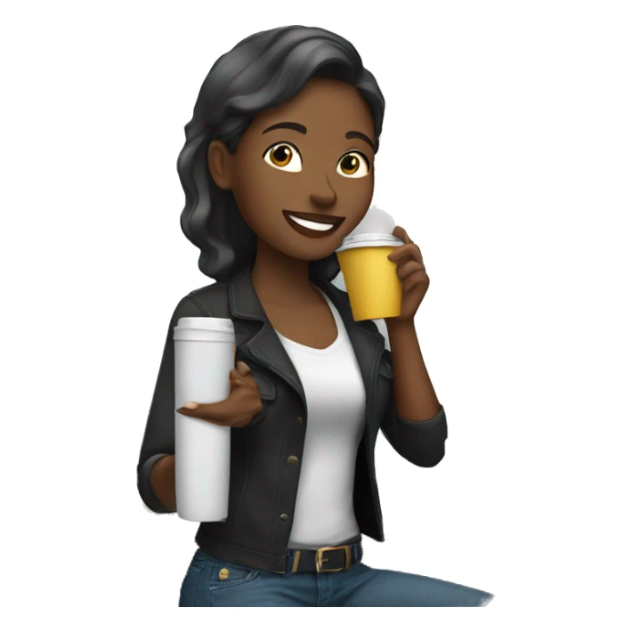 African American female talking on cellphone and holding a coffee wearing black shirt and jeans  sticker