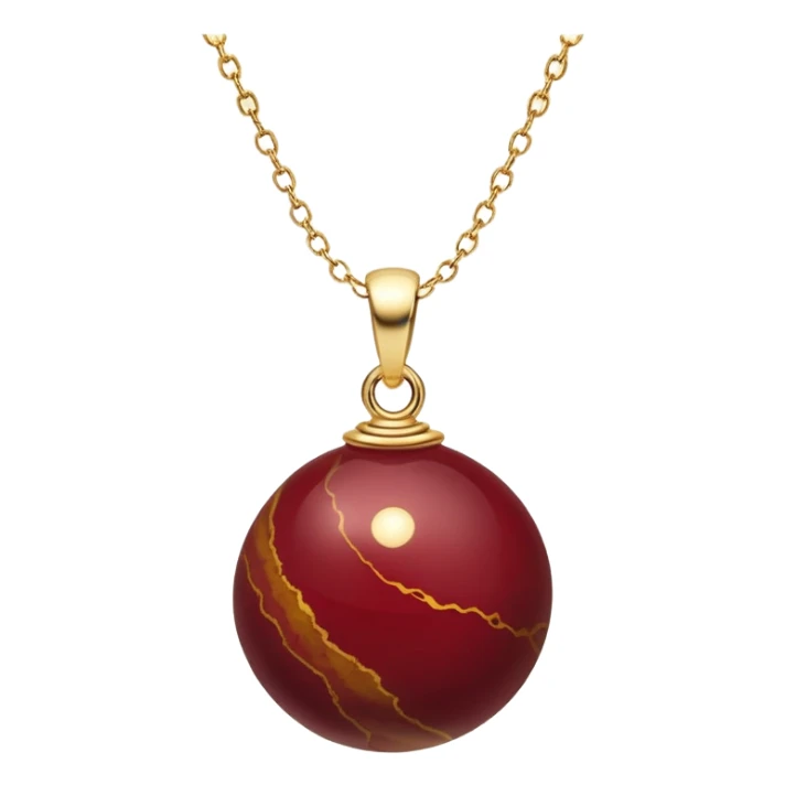 A polished round ball wine jasper pendant suspended from a delicate gold chain, like a drop of enchanted starlight, glowing with the warmth of passion and the quiet power of transformation sticker