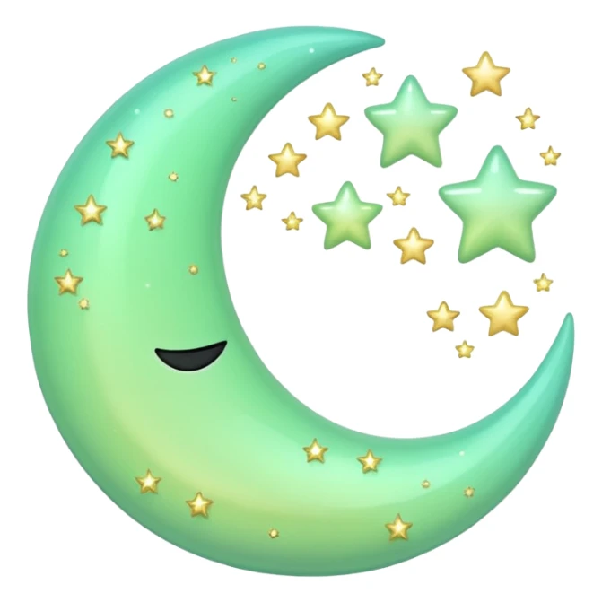 sparkly glossy pastel green-gradient crescent moon with small stars sticker