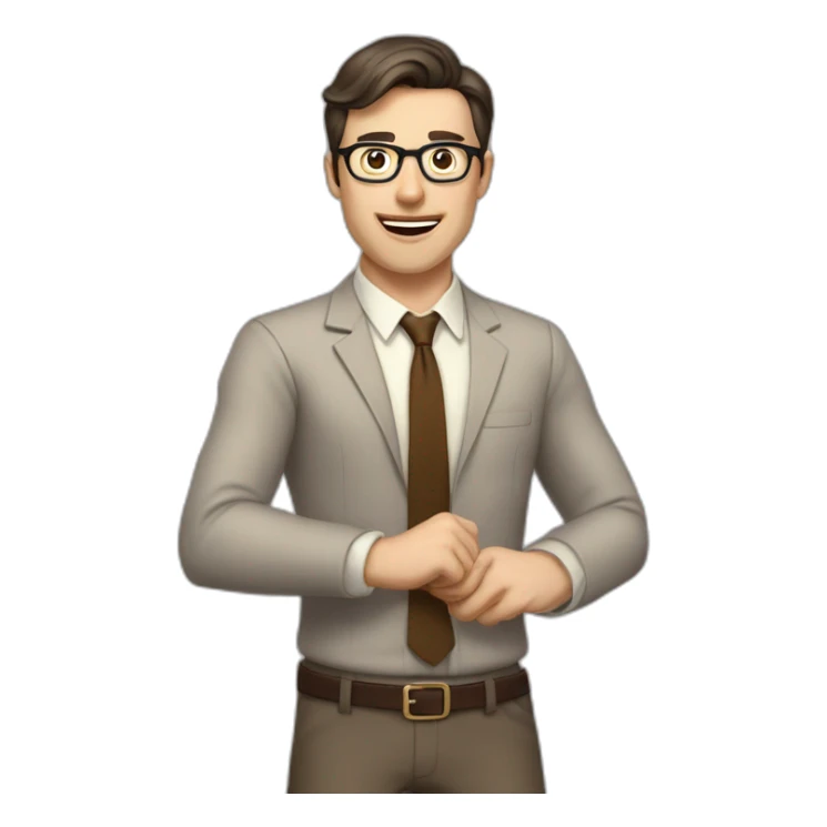 To belt Actively gesturing with hands Pale skinned fit man teacher with dark brown hair in gray jacket, beige office shirt, brown tie, brown pants and vintage glasses. sticker
