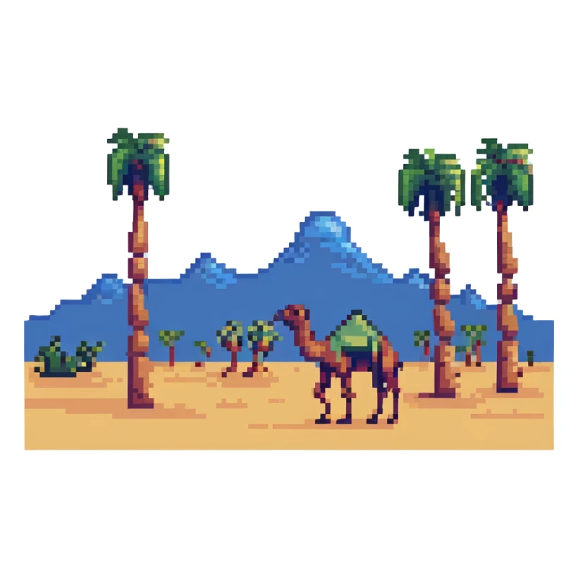 Desert landscape with camel and palm trees, Saudi Arabia sticker