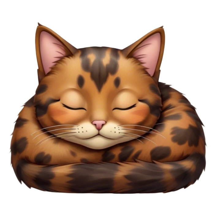 Meme-Worthy Cute Sleeping Tortoiseshell Cat Portrait Emoji, Head resting with a serene, sleepy smile and softly closed, dreamy eyes, showcasing a warm, mottled fur of rich browns and blacks, simplified yet adorably detailed, glowing with a gentle, drowsy radiance, high shine, exuding relaxed, heart-melting charm, styled with a soft glowing outline, capturing the essence of a sleeping tortoiseshell cat that radiates pure, peaceful cuteness! sticker