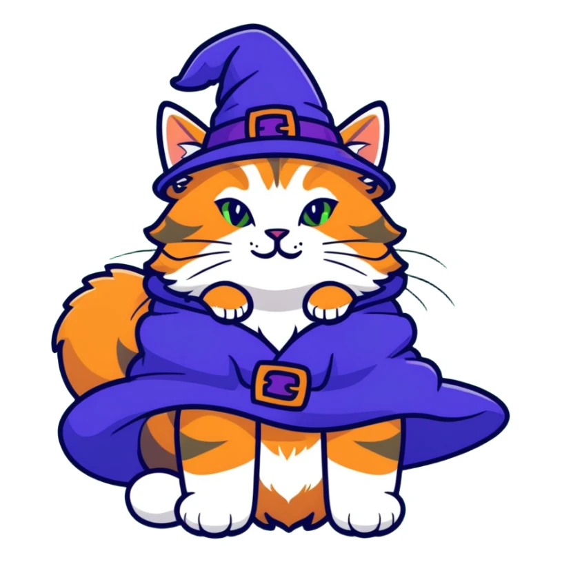 full body Maine coon ginger tabby cat flopped over on her back wearing an indigo witch hat sticker