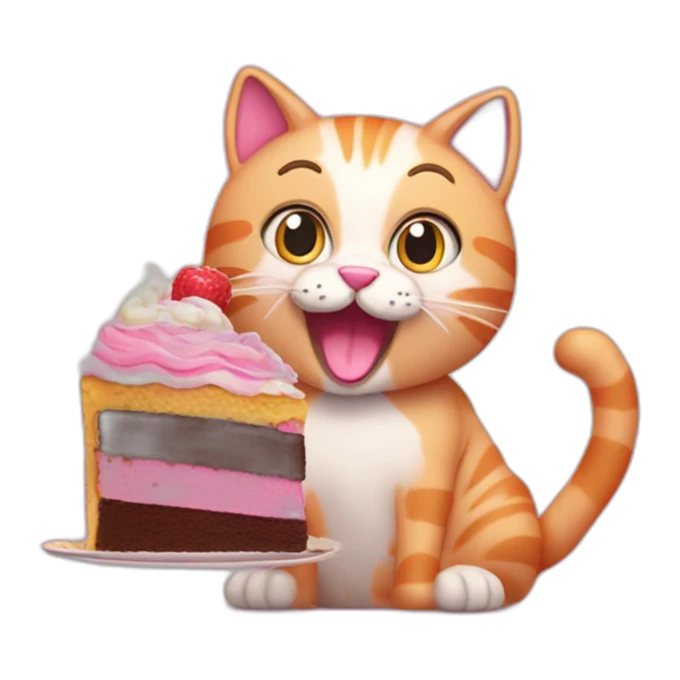 A cheerful pink cat eats a cake and waves its paw  sticker