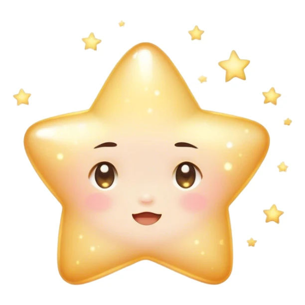 Cinematic cute sparkling star, chubby rounded edges, golden glow, tiny blushing cheeks, warm and gentle shine, twinkling softly in a pastel night sky. sticker