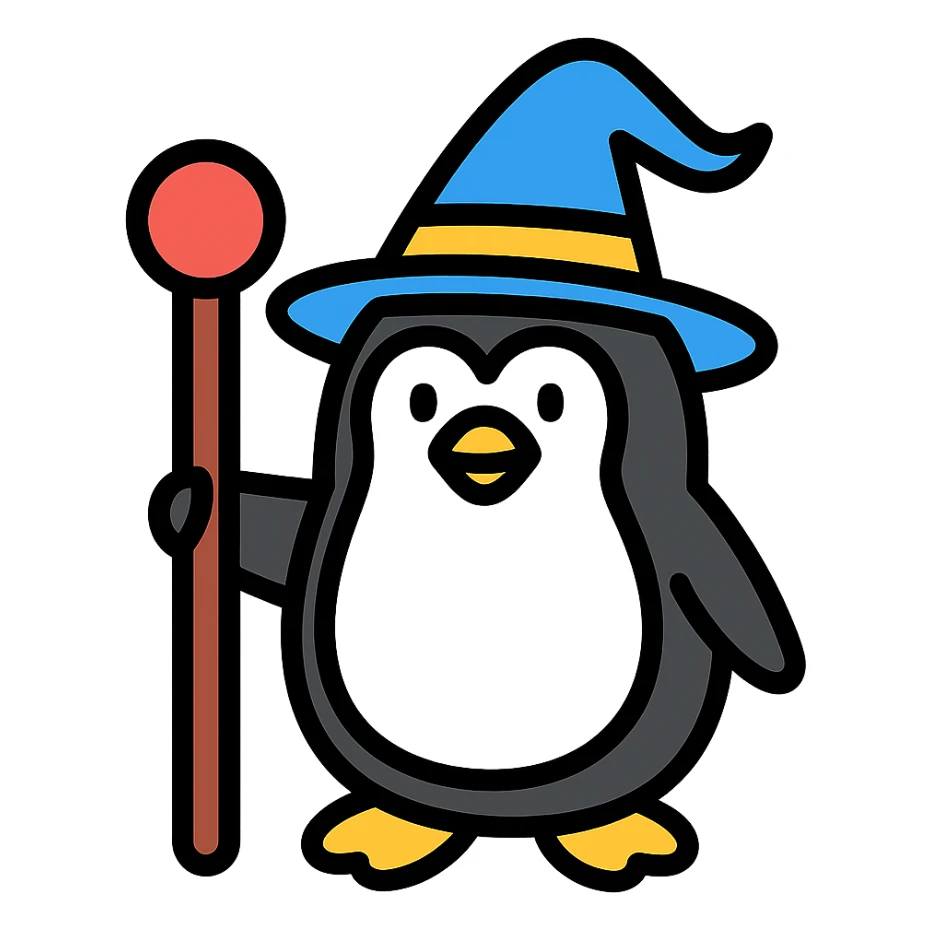 penguin wizard with a staff and wizard hat, color outline icon sticker