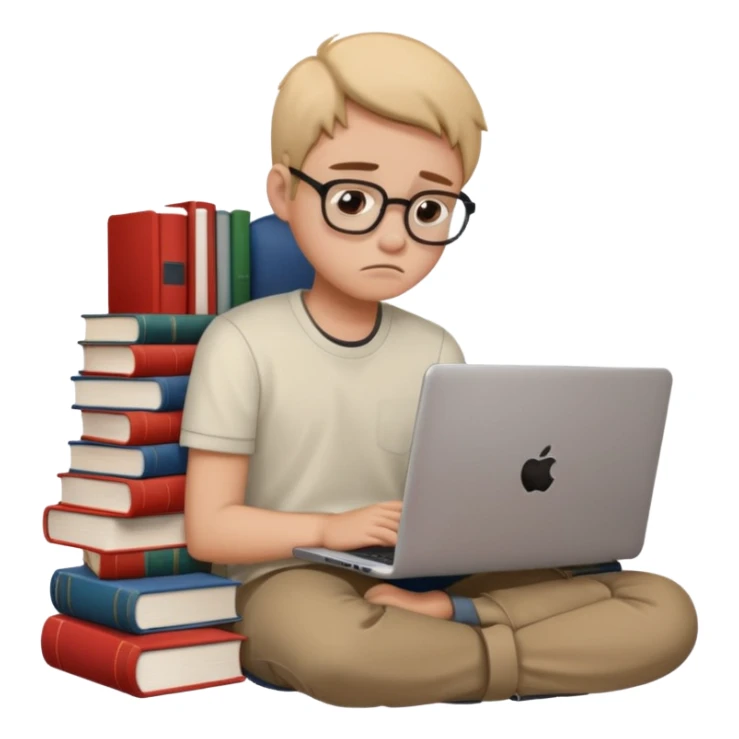 a student crashing out with the laptop on the lap and books on the side -  an emoji like this 😭 sticker