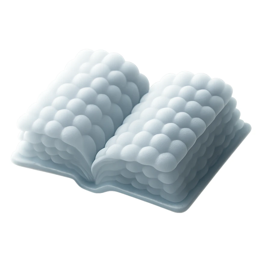 thick open book made entirely of small, very bright white fluffy convex clouds, matte glass style sticker