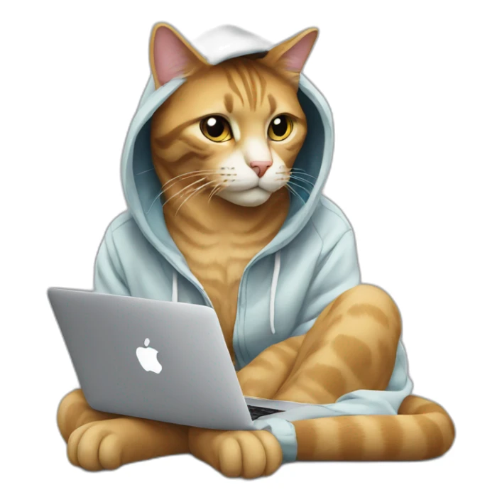 cat with hoodie and a macbook sticker
