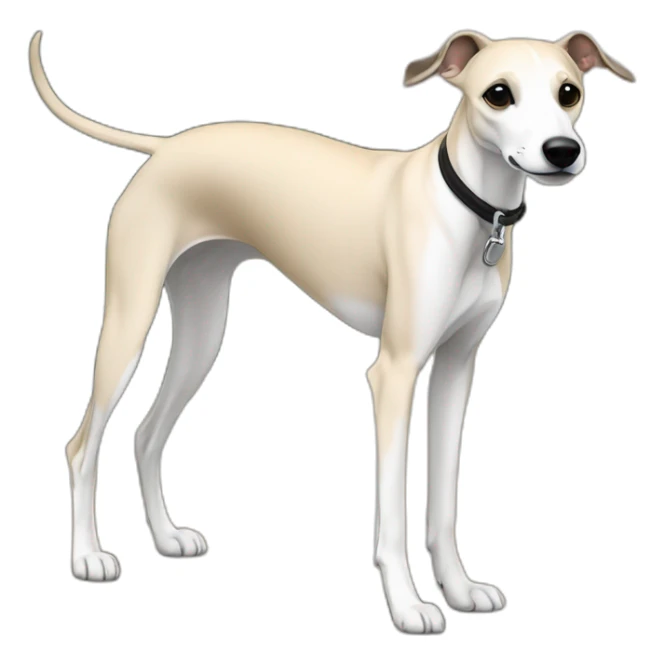 a beige whippet walking on a leash, with a dark snout, black and white mouth patchy and black angel wing like eyes sticker