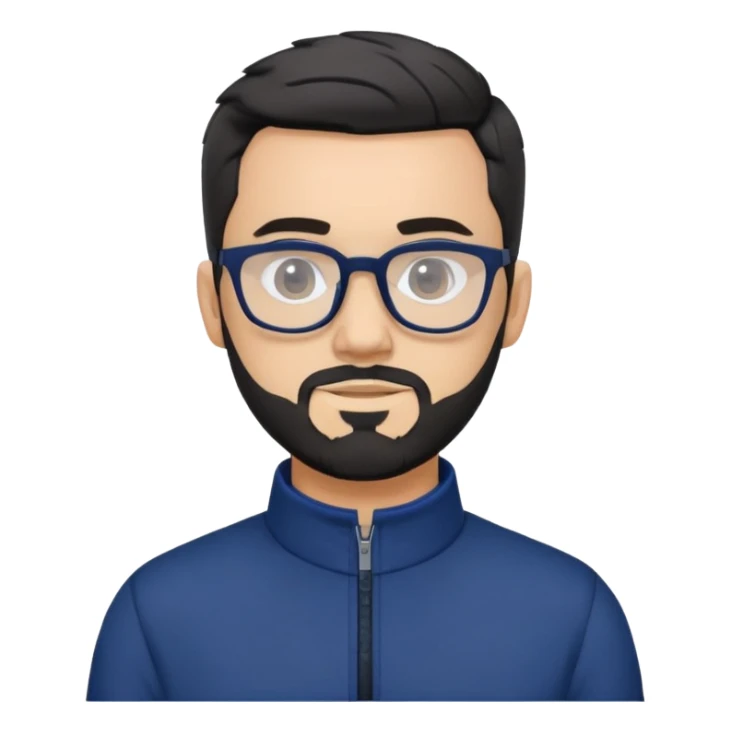 Light-skinned male with short black hair styled up, gray short beard, black-framed glasses, navy blue zip-collar sports long sleeve shirt sticker