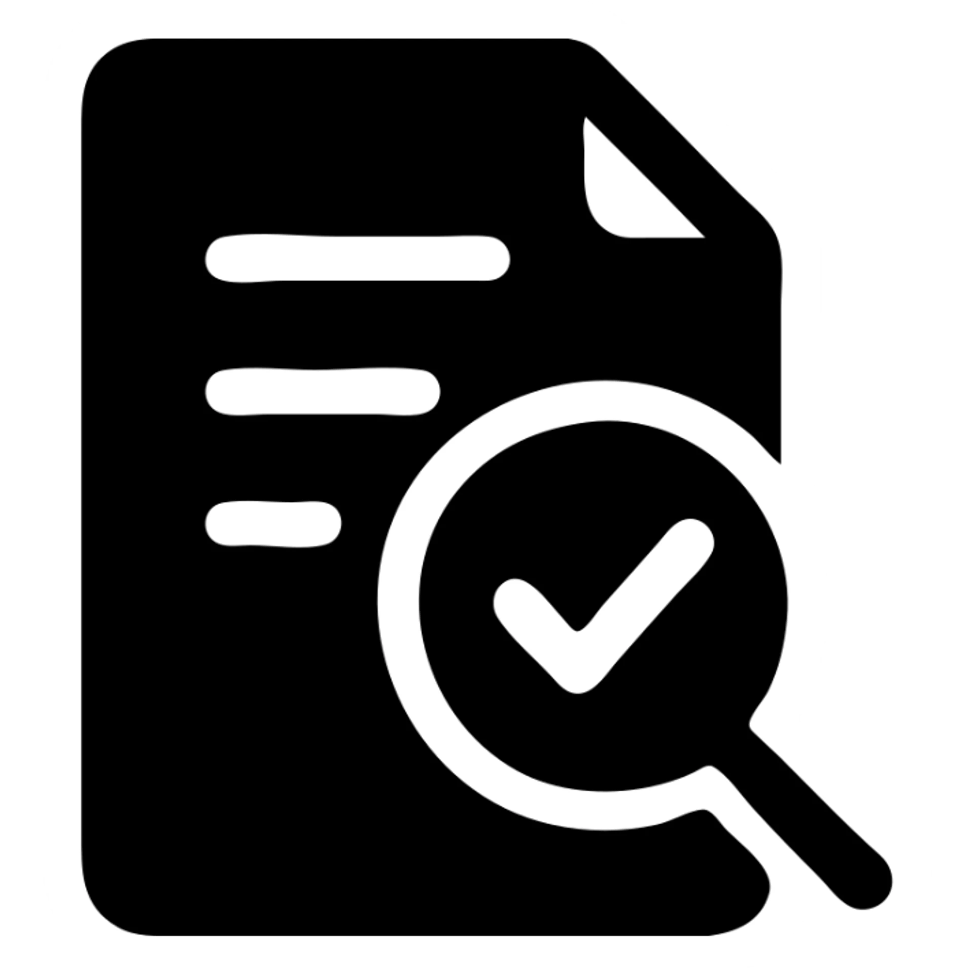 icon of a document with a magnifying glass and a checkmark sticker