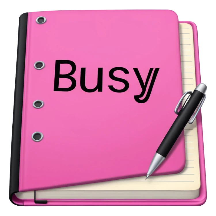big  pink book and note pen add on it the word BUSY in bold black sticker
