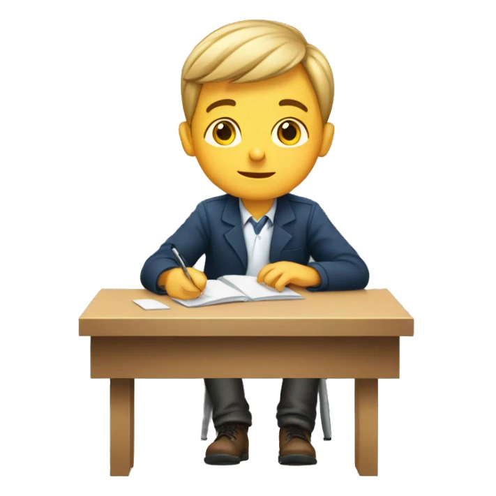 European schoolboy sitting at desk, working at computer sticker