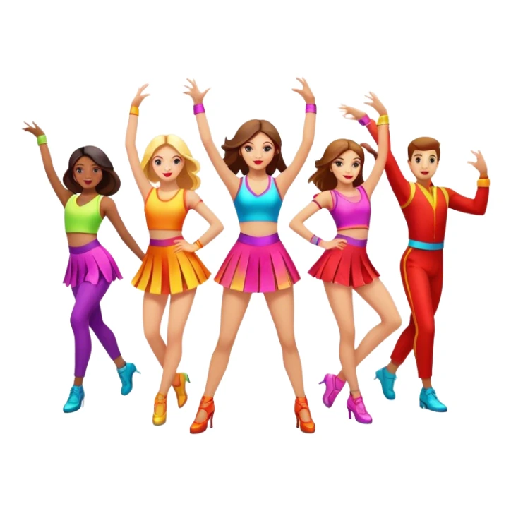Icon for Contemporary Dance: a synchronized guys and girls group performance on stage with backup dancers in bright, modern outfits and dynamic lighting. The icon should capture the energy and coordination of a dance routine, with a focus on movement and stage presence. Transparent background. sticker