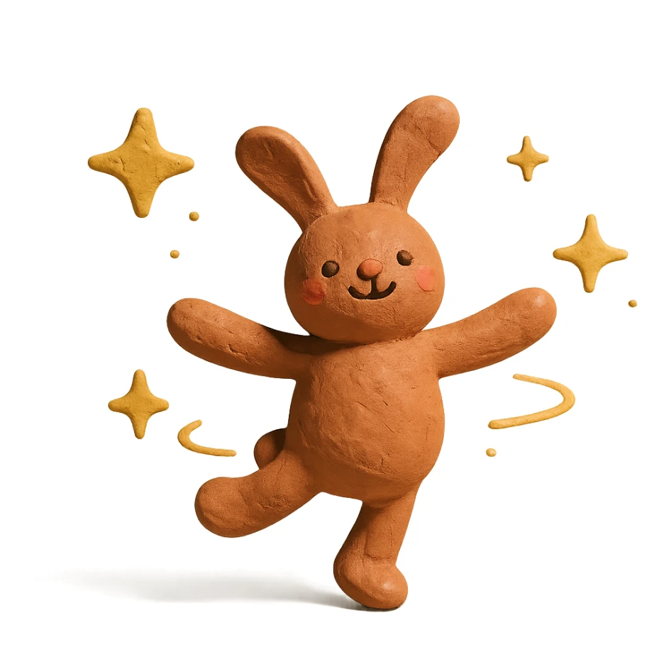 floppy bunny twirling with sparkles, claymation style sticker