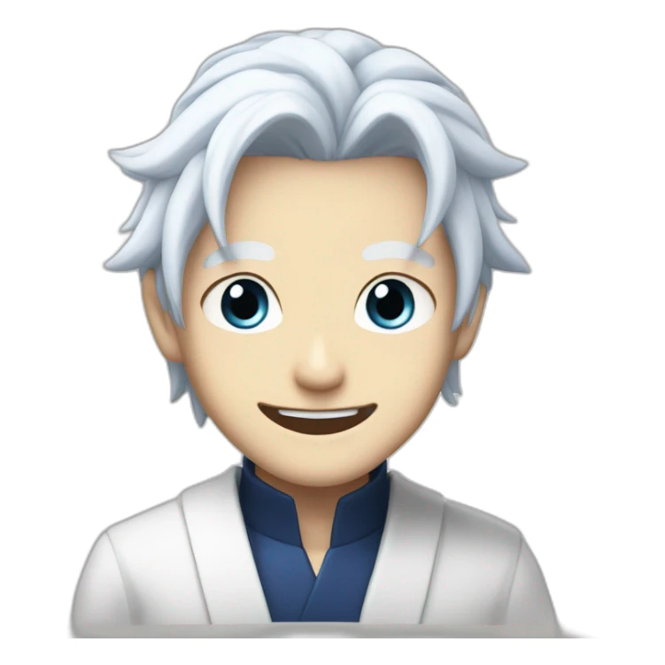 Satoru Gojo with his blue eyes,long medium white hair and a big friendly smile sticker