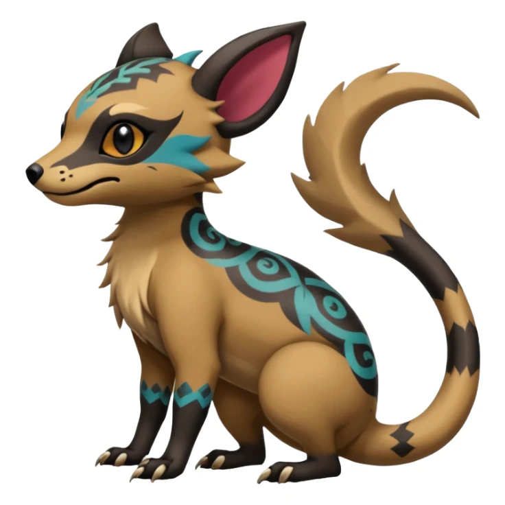 Rare warm-colored exotic cute epic aesthetic gothic colorful Salandit-Eevee-Civet-species-Fakemon-hybrid-creature, with tribal tattoo markings, full body sticker