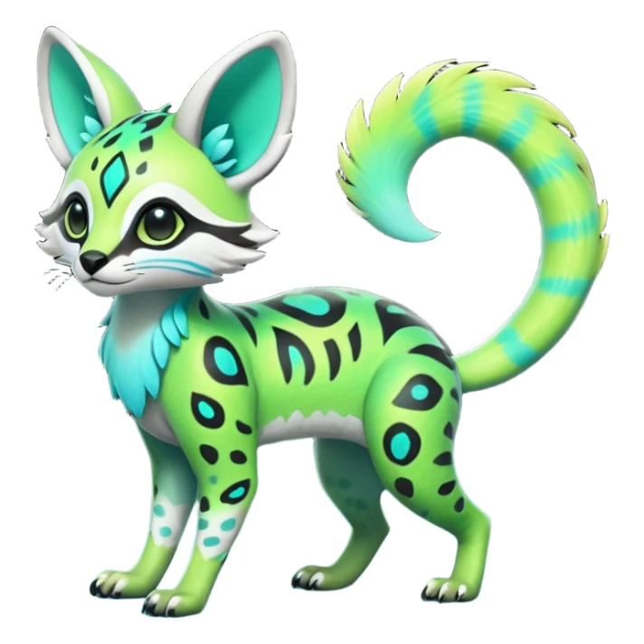 Rare realistic iridescent neon lime-green & cyan gradients lush tropical exotic cute epic pretty beautiful handsome gorgeous aesthetic colorful vibrant Vernid-Protogen-Primagen-Wickerbeast-Genet-Trico-species-Fakemon-hybrid-creature by LiLaiRa, beautiful intricate markings, full body sticker