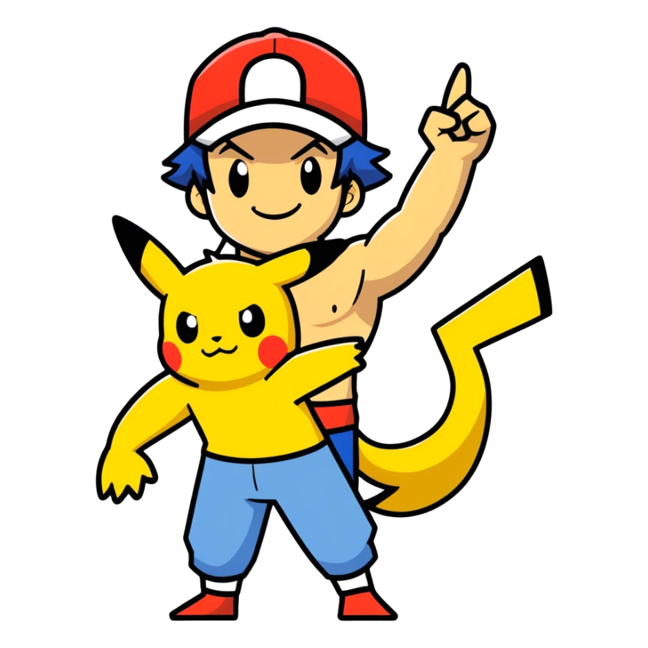 Hot handsomeb muscular 6ft tall smiling happy fun shirtless Ash Ketchum giving clothes free Pikachu a high five sticker