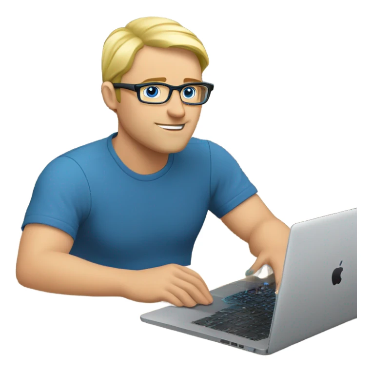 man looks 35 classes, european, tech nerd love , blue shirt blond short hair, blue eyes with specs behind macbook on with electronics pcb on the desk sticker