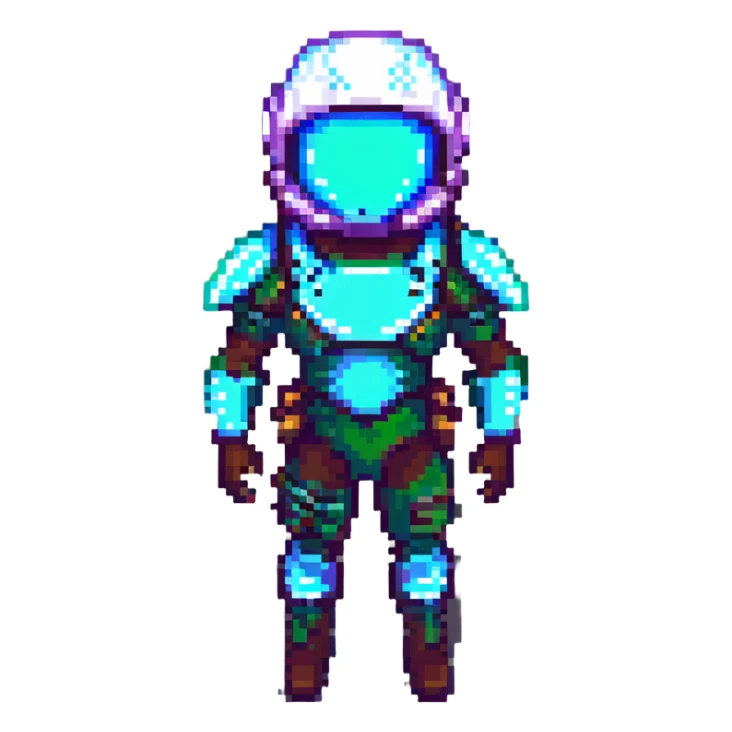 pixel art Fortnite skin with sci-fi theme, glowing accents, stylized helmet sticker