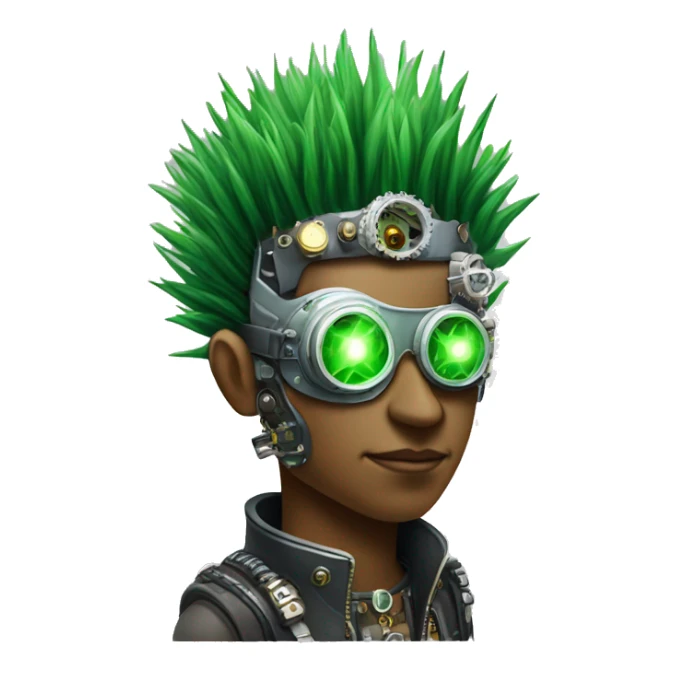 Green Mohawk hair male cyborg head with white steampunk goggles and circuits sticker