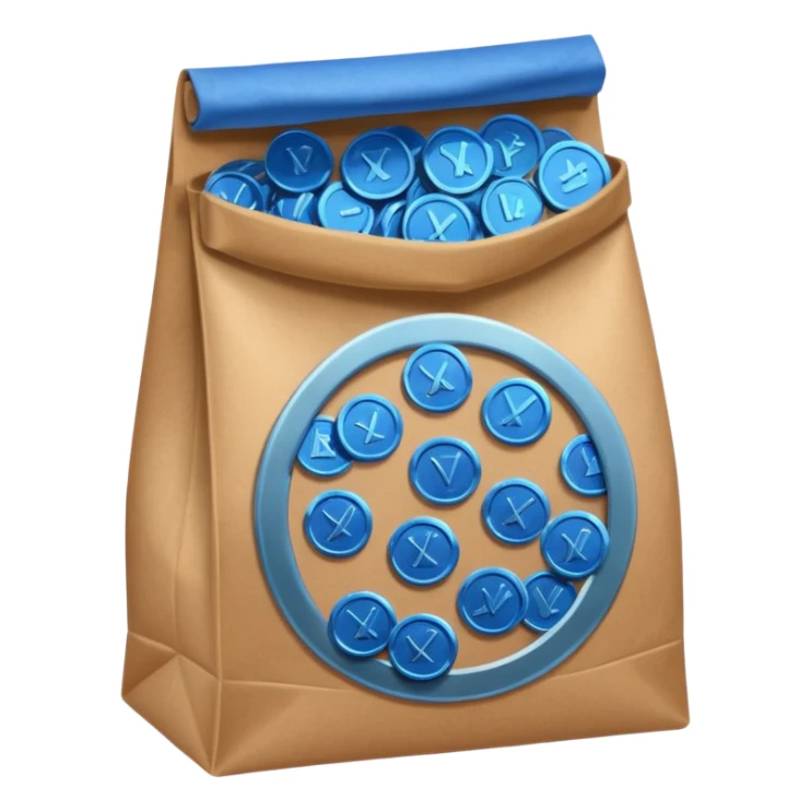 brown bag of blue coins sticker