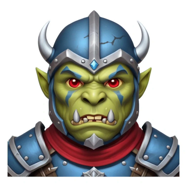 Fantasy Christmas orc legion soldier icon, iron tundra army theme, heavy winter armor, disciplined brutal look, dark icy steel armor with bold crimson cloth and markings, cold blue shadows, high contrast, clean emoji portrait style
 sticker