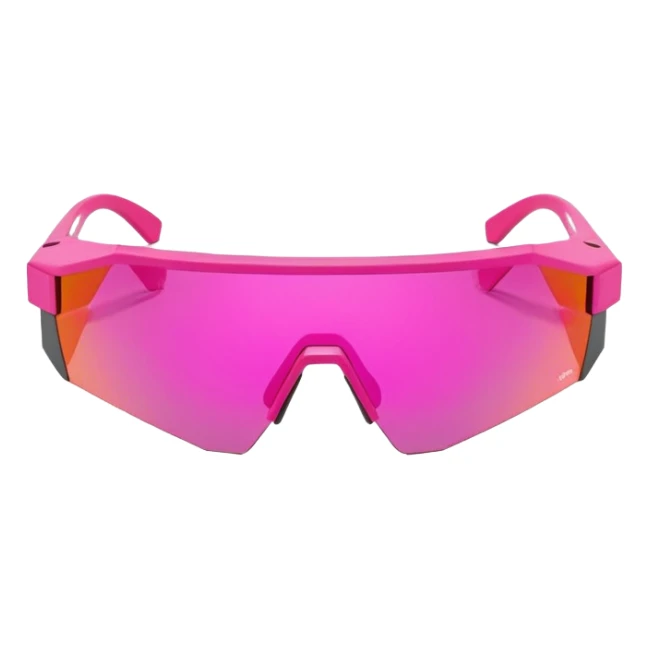 sporty hot pink shield visor sunglasses with thick angular frame, geometric chunky design, substantial build, one-piece lens sticker