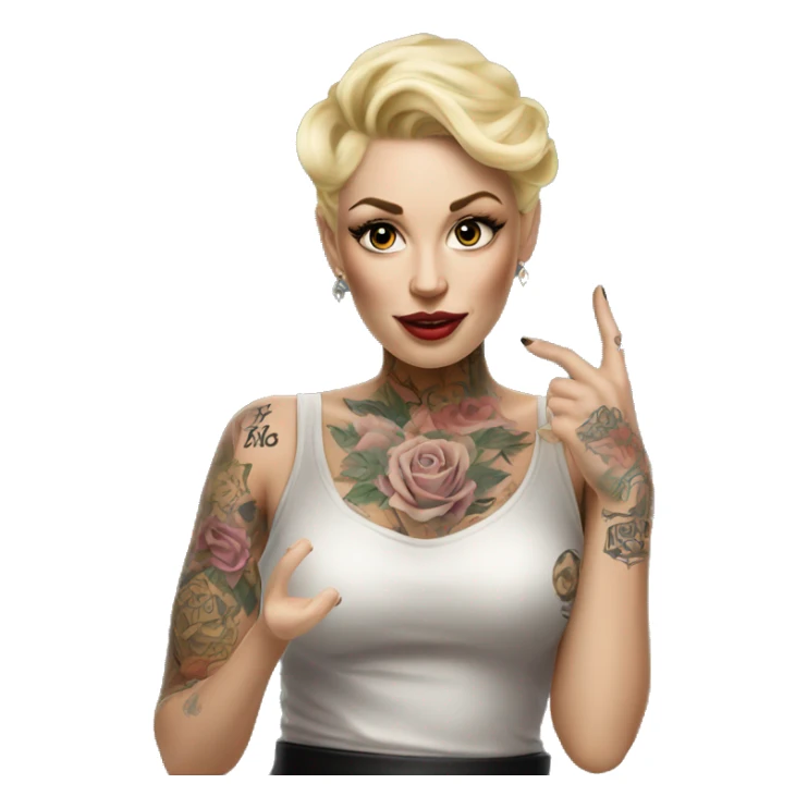 Blonde elegant women, her Body Covered with Tattoos, POINTING to YOU FORWARD with her ONE HAND , Hyper realistic sticker