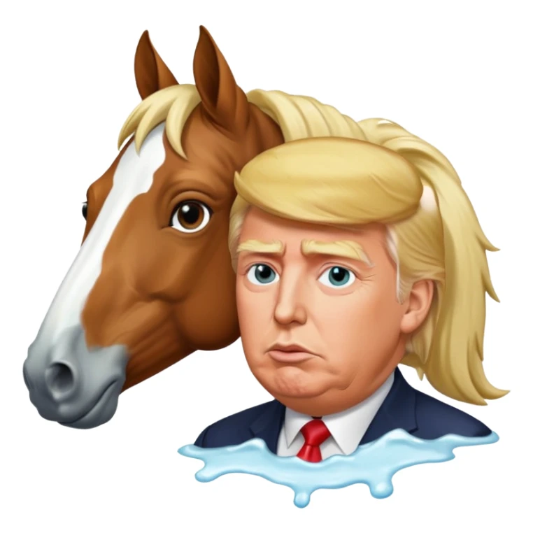 Donald trump with white liquid around his lips with a horse sticker