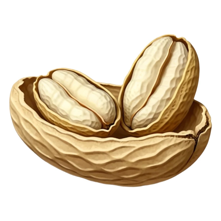 a pair or trio of peanuts in their shells, rough beige texture, oval and irregular, natural ridges, one shell open to reveal pale nuts, no bowl or plate, apple emoji style, soft lighting, transparent background, emoji scale sticker