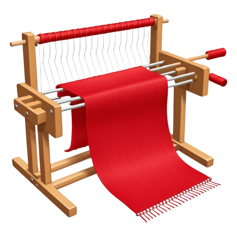 rigid heddle weaving loom set up for weaving a bright red scarf, with red yarn on a stick shuttle laying across the warp threads sticker