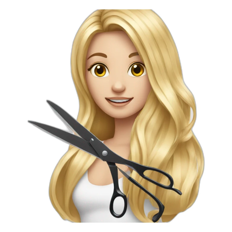 a girl using a scissors on her beautiful thick long blonde hair sticker
