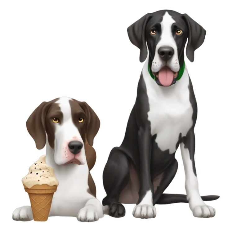 Black and white Great Dane eating an ice cream cone with a brown German short haired pointer sticker