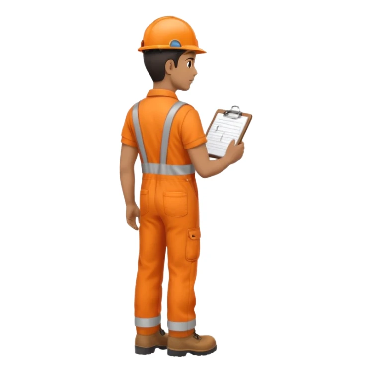 Indian male railway engineer orange overalls, boots holding a clipboard back view sticker