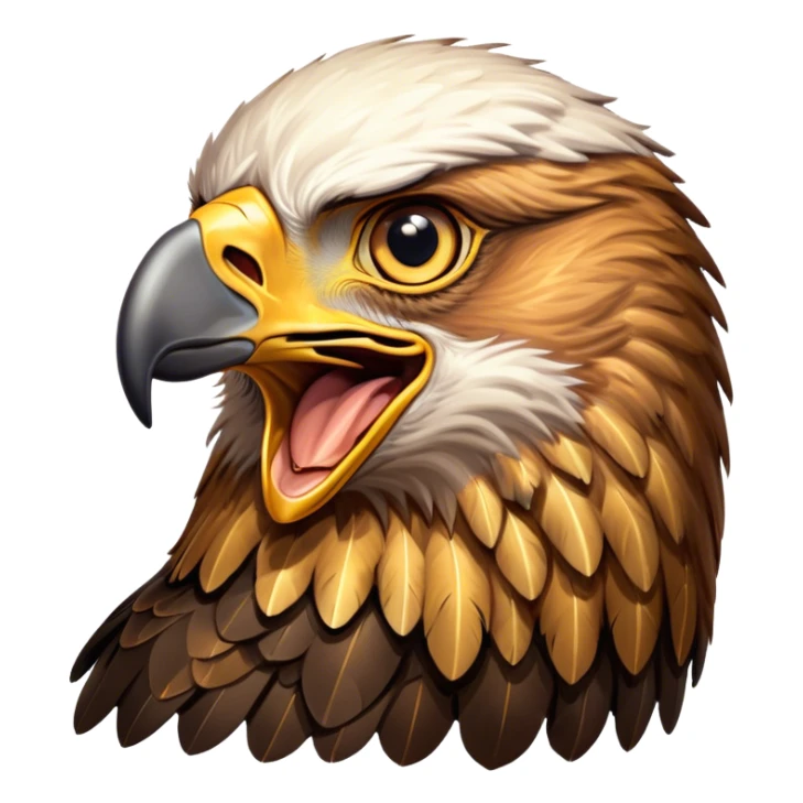Cinematic Comical Golden Eagle Portrait Emoji, Head tilted dramatically with an exaggeratedly shocked expression, featuring a striking, broad-beaked form with wide, comically expressive eyes full of playful disbelief and richly textured golden feathers, Simplified yet hilariously expressive features, highly detailed, glowing with a slightly sassy amber glow, high shine, dramatic yet playful, stylized with an air of cheeky aerial mischief, soft glowing outline, capturing the essence of a meme-worthy golden eagle that looks ready to side-eye its way into viral fame! sticker