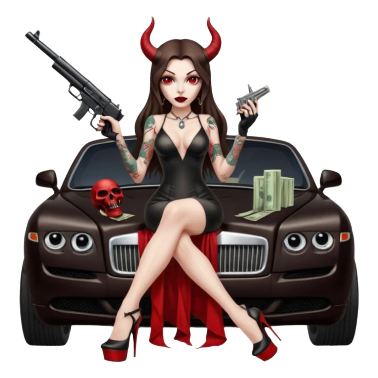 Lilith model red eye sexy black  devil horns.  long brown haired sexy succubus woman with leather long dress slit, sitting on rolls Royce. Wearing Black Platform high heels on feet. Tattoo sleeve arms, dead human skull of her ex skull is on top of stack of cash and a gun in  hand sticker