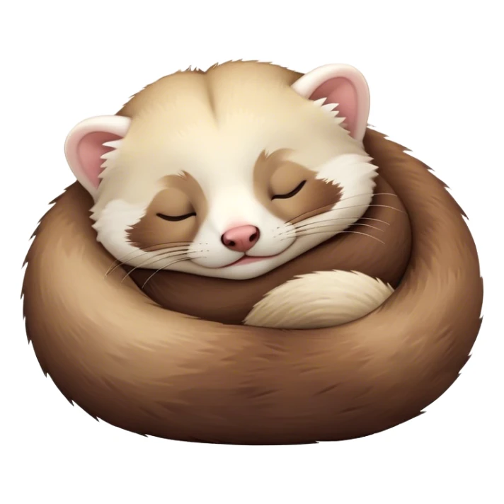 Meme-Worthy Cute Sleeping Ferret Portrait Emoji, Head resting peacefully with a contented smile, showcasing a long, flexible body curled up in cozy repose, luxuriously soft fur in warm brown and cream, and eyes gently closed in serene slumber, Simplified yet hilariously adorable features, highly detailed, glowing with a soft, drowsy natural light, high shine, relaxed and utterly lovable, stylized with an air of playful laziness, bright and heartwarming, soft glowing outline, capturing the essence of a sleeping ferret that feels destined to become the next viral sensation of adorable rest! sticker