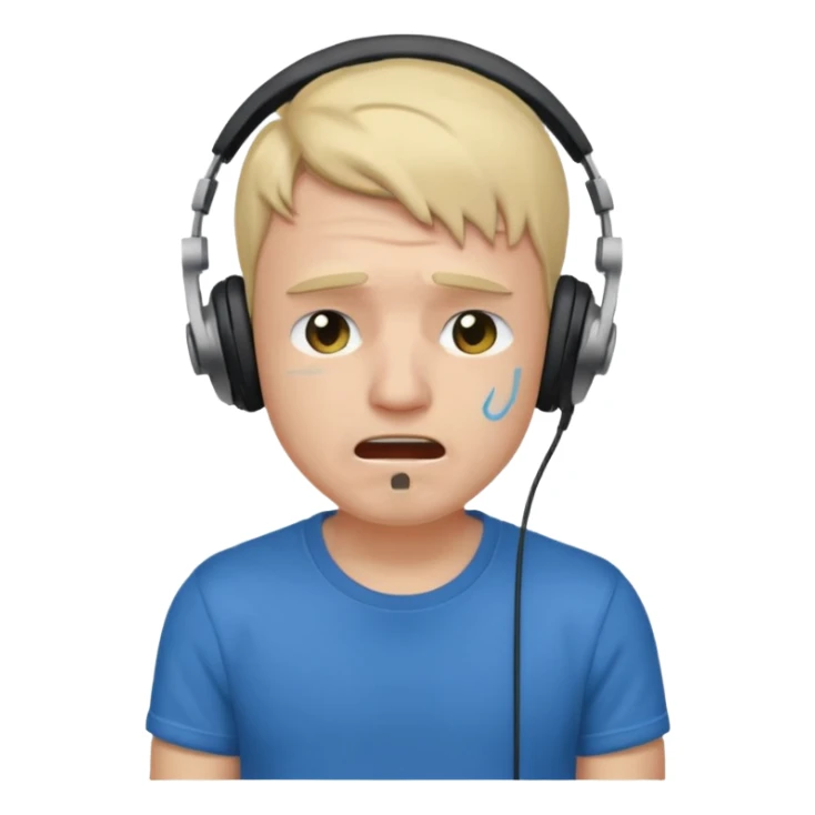 Male, crying, wearing headphone having mic, t-shirt 
 sticker