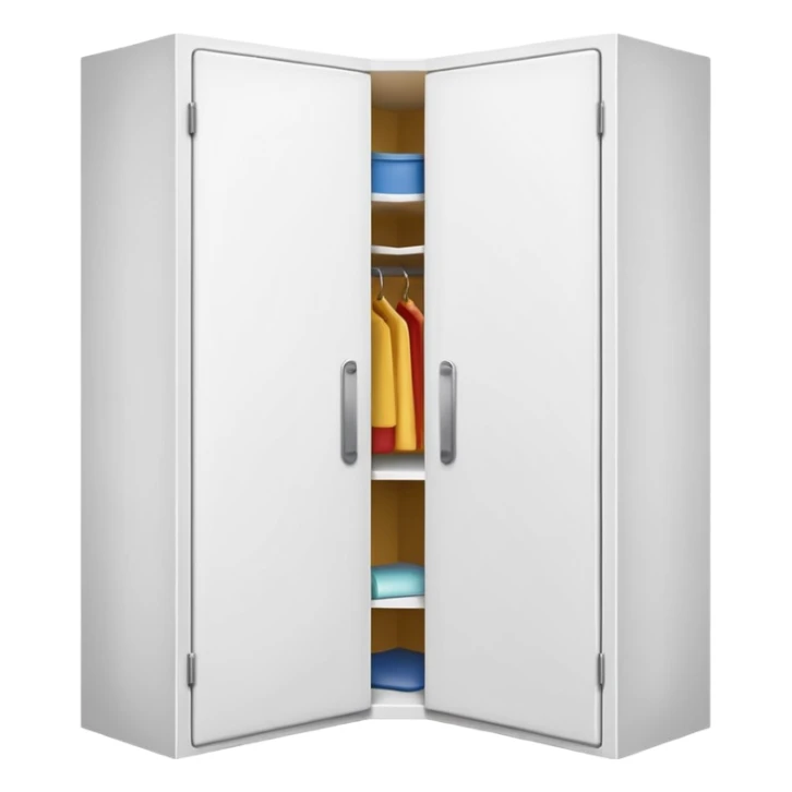 Simple L-shaped corner closet made of smooth white PVC, emoji-style. Two plain doors, one on each side, opening outward like a book from the corner.  sticker