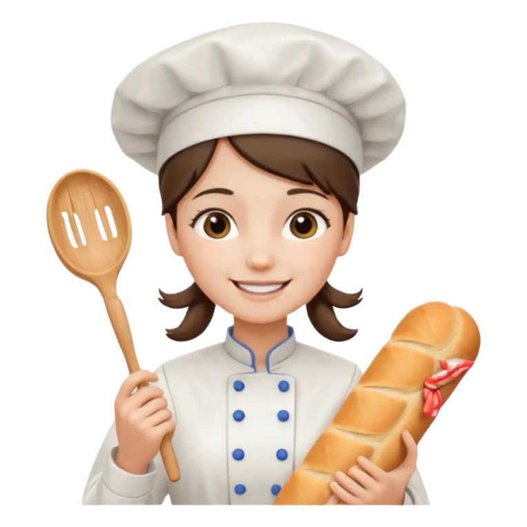Young female baker - white chef hat, holding cream piping bag and bread sticker
