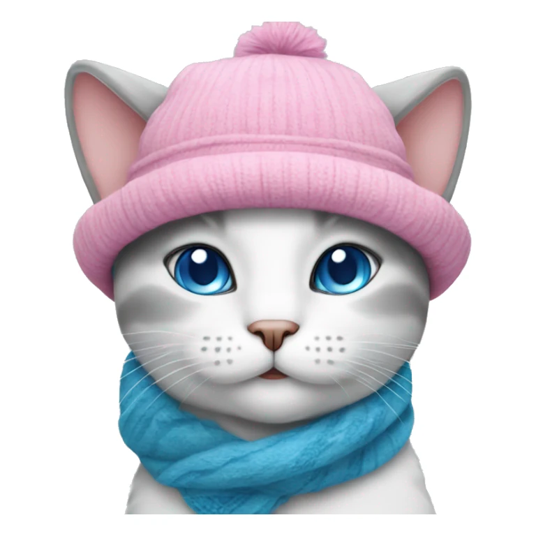 White-grey cat with blue eyes in pink hat and scarf  sticker