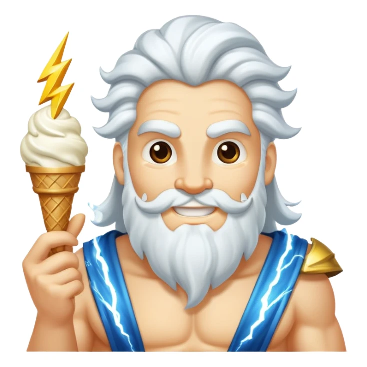 smiling Zeus with white ice cream and lightning bolt sticker